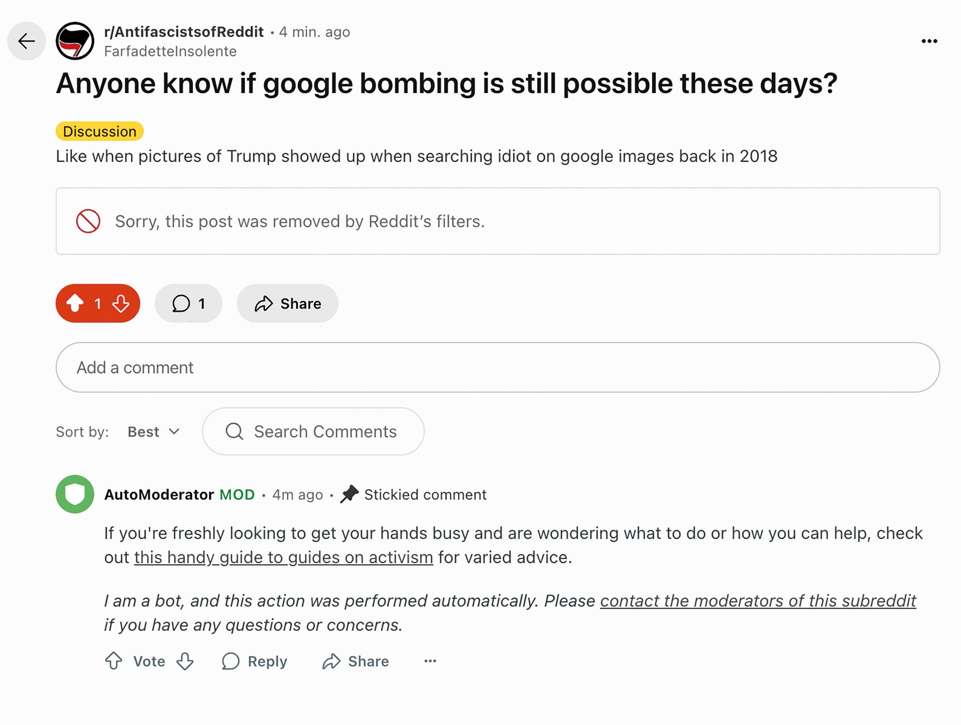 Capture d’écran du post Reddit effacé