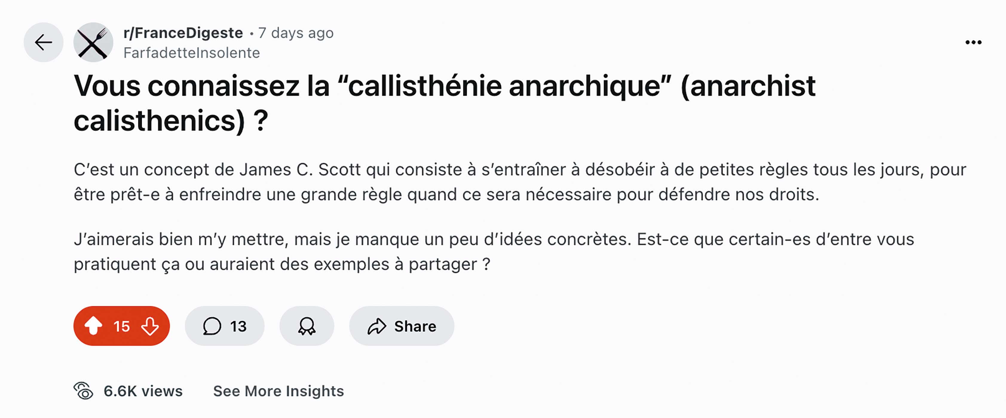 Capture d’écran du post Reddit sur la callisthénie anarchique